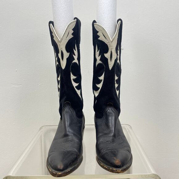 Vintage Dan Post Men’s Black White Tooled Suede Leather Cowboy Boots 6.5 M - Picture 2 of 12